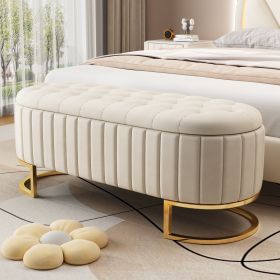 Elegant Upholstered Velvet Storage Ottoman with Button-Tufted,Storage Bench with Metal Legs for Bedroom,Living Room,Fully Assembled Except Legs (Color: Beige)